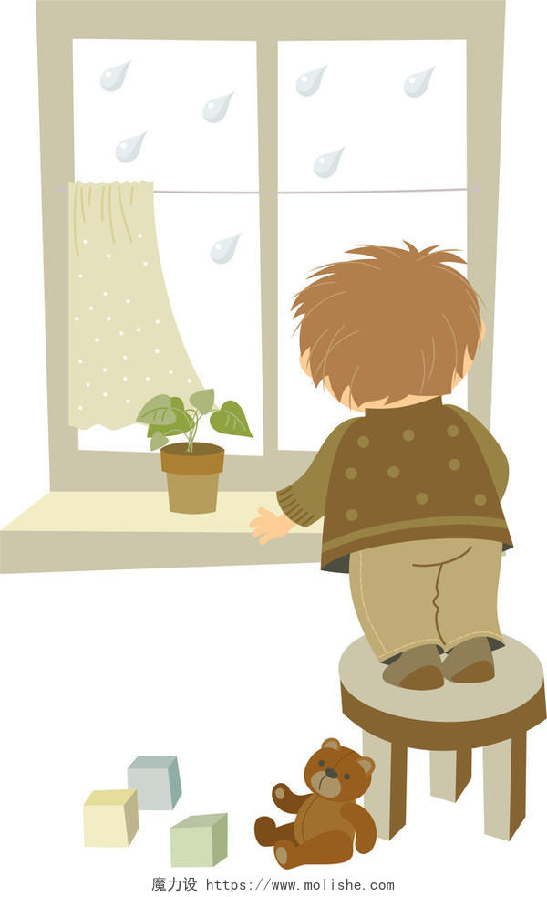 小男孩看着窗外的雨卡通插画